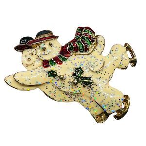Snowman Christmas Holiday Ice Skating Pair Glitter Holly‎ Leaf Brooch Pendant